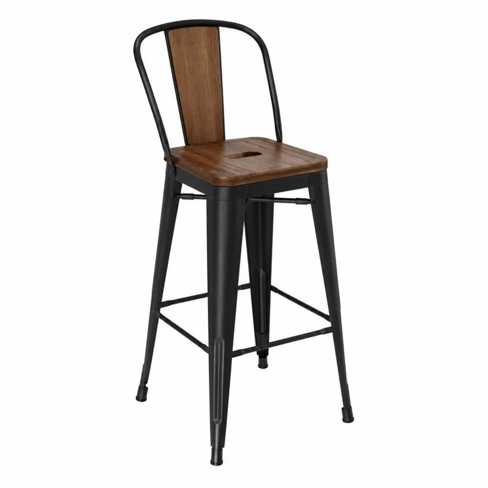 Tabouret de bar industriel 43 cm x 48 cm x 105 cm acier noir assise en bois dossier bois marron avec repose-pieds