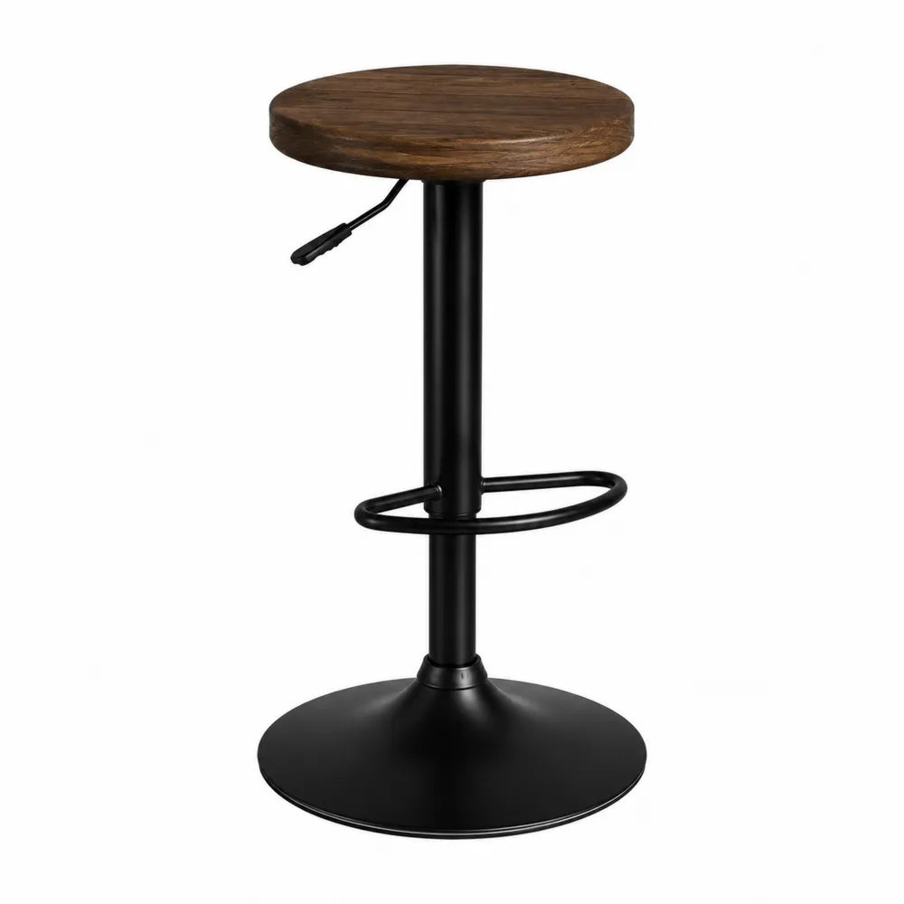 Tabouret de bar réglable 35 cm x 35 cm x 62 à 84 cm assise ronde bois marron acier noir avec repose-pieds