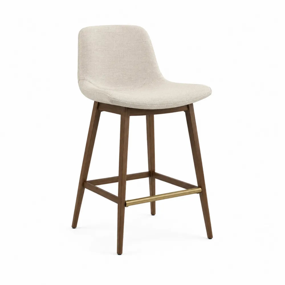 Tabouret de bar avec dossier 49 x 52 x 96 cm bois d’hévéa massif tissu polyester écru repose-pieds acier finition dorée