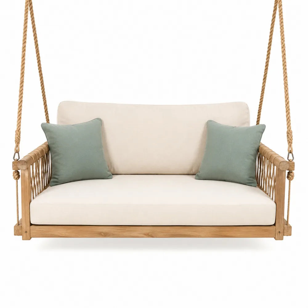 Banc suspendu de jardin 2 places en bois d'acacia massif corde PP coussins écru et vert sauge 160 x 75 x 170 cm