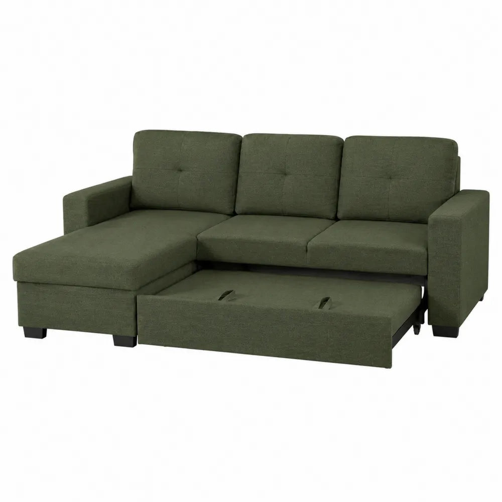 Canapé d’angle convertible 3 places avec méridienne droite 210 x 140 x 85 cm polyester tissé vert olive structure bois et acier