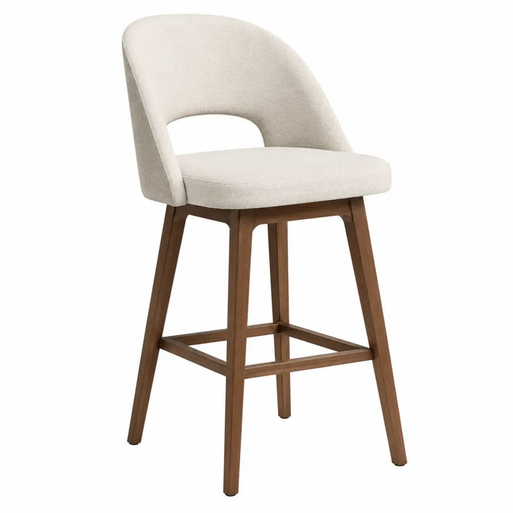 Tabouret de bar avec dossier 54 x 50 x 95 cm polyester bouclé beige bois d’hévéa massif repose-pieds bois naturel