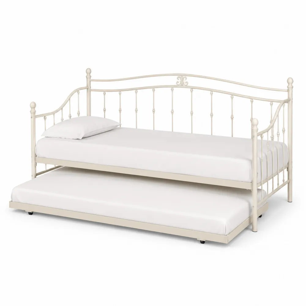 Lit de jour gigogne 205 x 96 x 111 cm en métal ivoire avec lit inférieur coulissant et roulettes