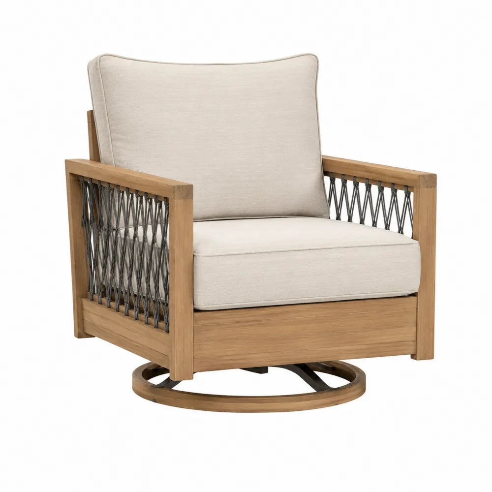 Fauteuil de jardin pivotant en bois et corde tressée avec coussins beige base circulaire noire