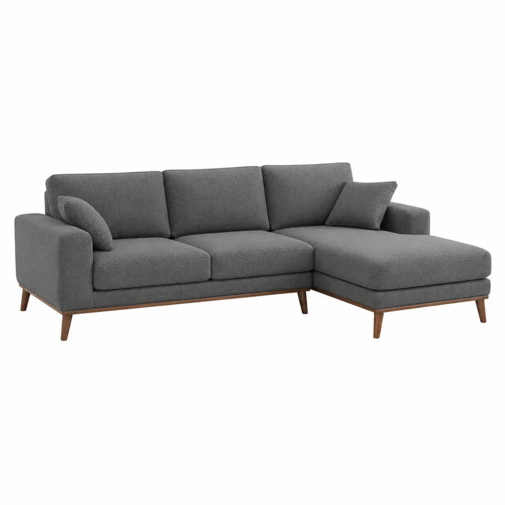 Canapé d’angle modulable 3 places avec méridienne droite 220 x 150 x 85 cm tissu polyester gris structure bois pieds en bois naturel