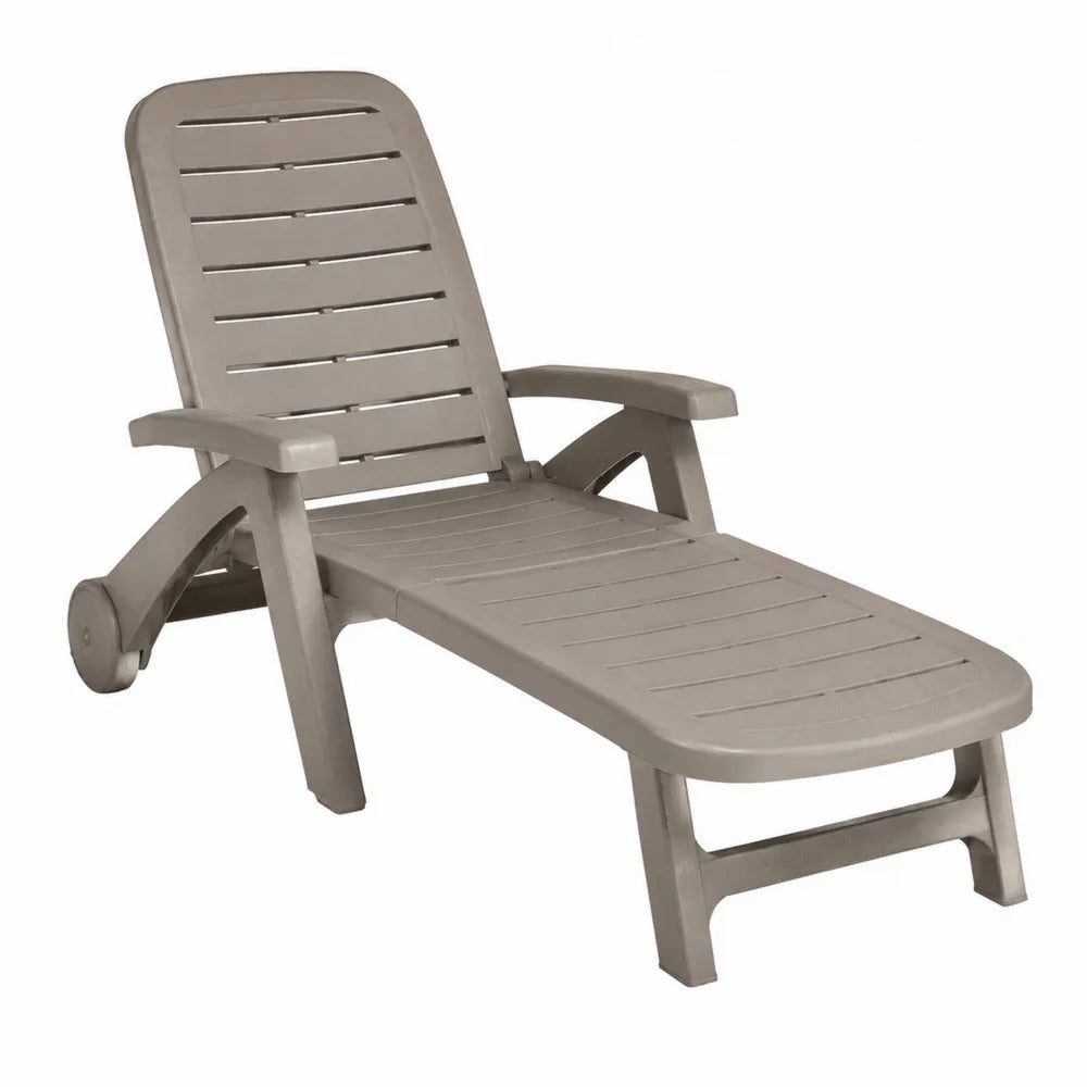Bain de soleil de jardin réglable 190 x 71 x 95 cm en polypropylène taupe avec accoudoirs et roulettes dossier inclinable