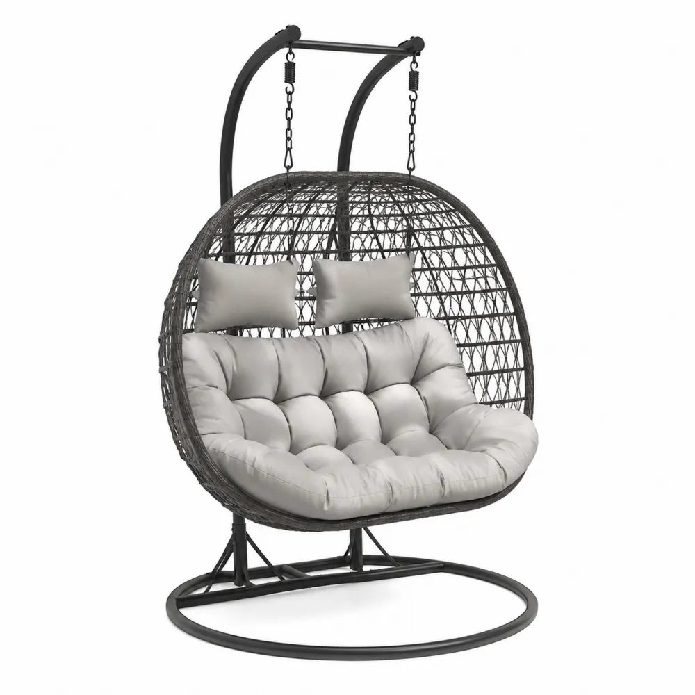 Fauteuil suspendu balançoire 2 places en résine tressée métal noir et coussins gris avec support dimensions non précisées
