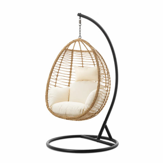 Fauteuil suspendu d’extérieur avec support 105 x 105 x 198 cm résine tressée PE naturel beige noir acier