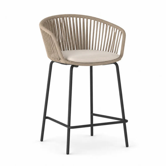 Tabouret de bar avec dossier corde tressée polyester acier noir assise coussin beige 58 cm x 55 cm x 98 cm