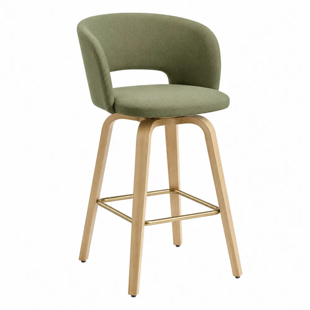 Tabouret de bar avec dossier arrondi en bois de hêtre massif tissu polyester vert olive repose-pieds acier finition laiton 54 x 55 x 96 cm