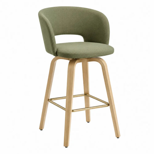 Tabouret de bar avec dossier arrondi en bois de hêtre massif tissu polyester vert olive repose-pieds acier finition laiton 54 x 55 x 96 cm