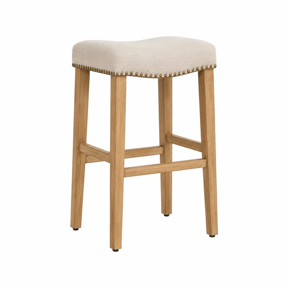 Tabouret de bar sans dossier 40 cm x 40 cm x 76 cm bois naturel assise rembourrée tissu polyester beige clous décoratifs