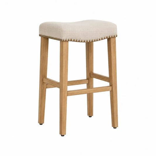 Tabouret de bar sans dossier 40 cm x 40 cm x 76 cm bois naturel assise rembourrée tissu polyester beige clous décoratifs