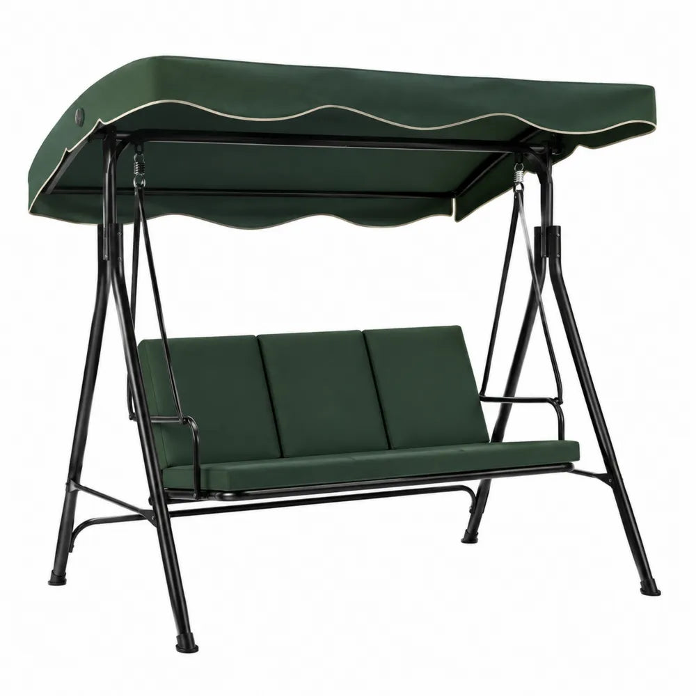 Balancelle de jardin 3 places avec auvent en acier thermolaqué noir et polyester vert foncé 170 cm x 110 cm x 153 cm