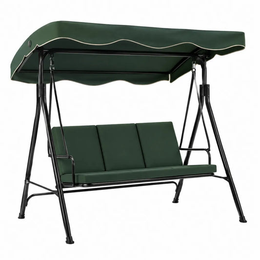 Balancelle de jardin 3 places avec auvent en acier thermolaqué noir et polyester vert foncé 170 cm x 110 cm x 153 cm