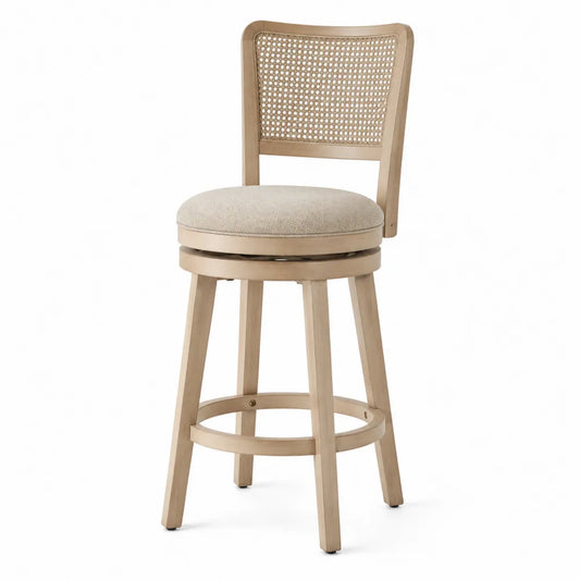 Tabouret de bar pivotant dossier cannage rotin bois d’hévéa massif assise coussin écru 48 cm x 50 cm x 108 cm