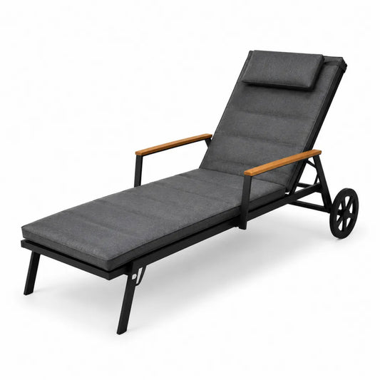 Bain de soleil de jardin réglable avec roues en acier thermolaqué noir et coussins gris 198 cm x 70 cm x 90 cm