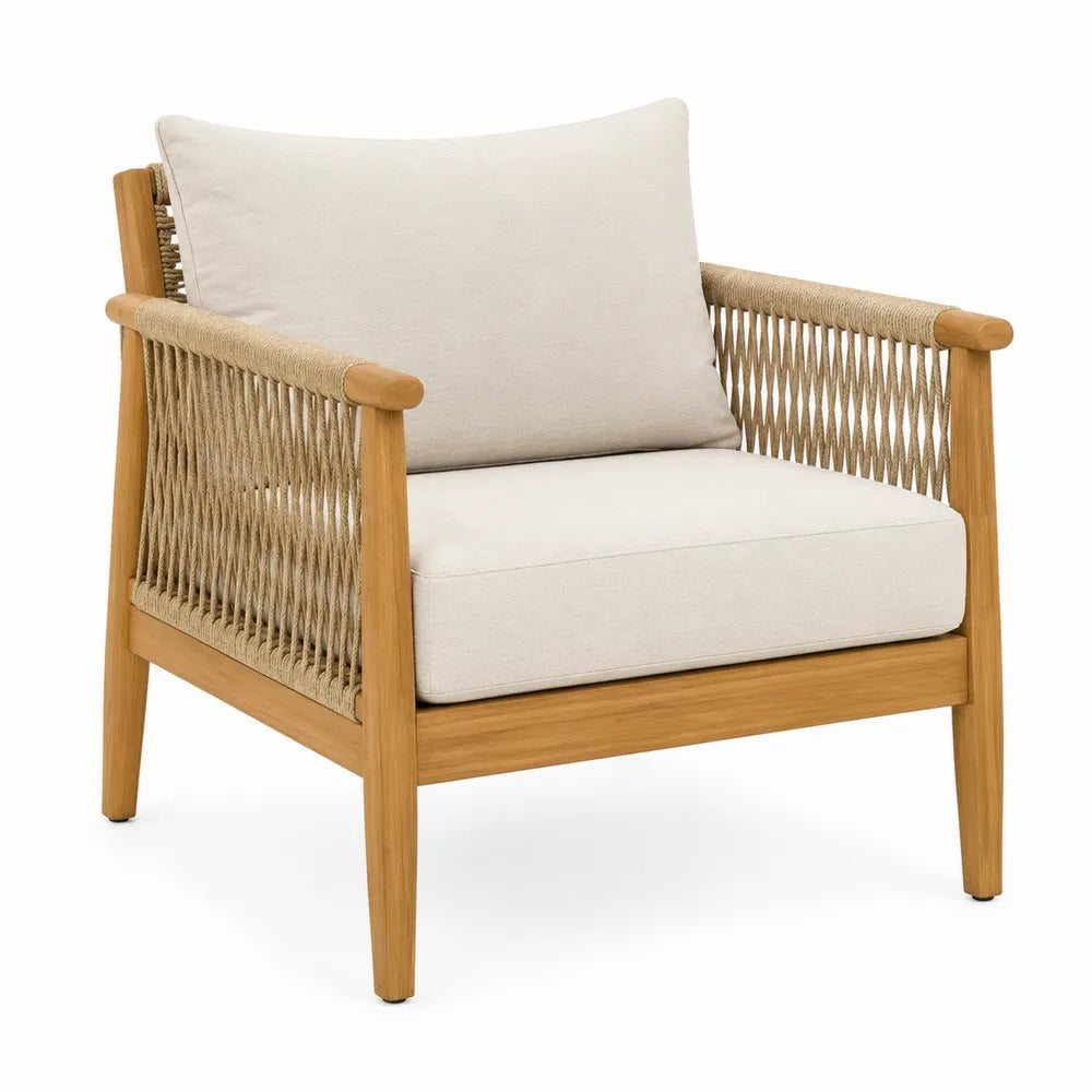 Fauteuil de jardin en bois d’acacia et corde tressée avec coussins beige