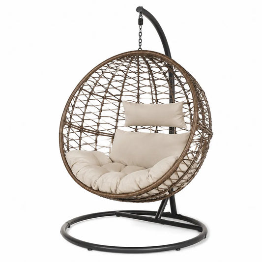 Fauteuil suspendu de jardin type œuf en résine tressée avec coussins crème et support acier noir 105 cm x 95 cm x 195 cm