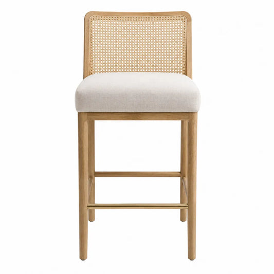 Tabouret de bar avec dossier cannage rotin bois naturel assise coussin beige repose-pieds laiton 48 cm x 52 cm x 105 cm