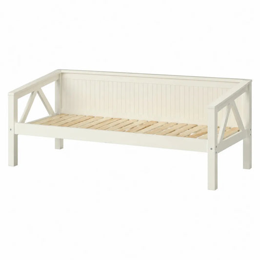 Lit de jour 3 places 205 cm x 96 cm x 78 cm en pin massif peint blanc avec sommier à lattes en bois naturel