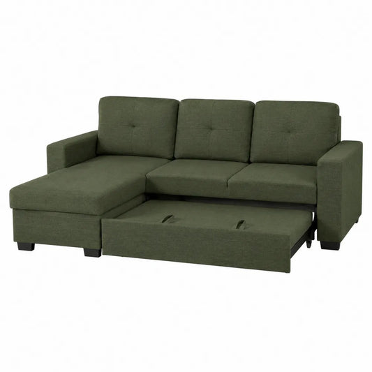 Canapé d’angle convertible 3 places avec méridienne droite 210 x 140 x 85 cm polyester tissé vert olive structure bois et acier