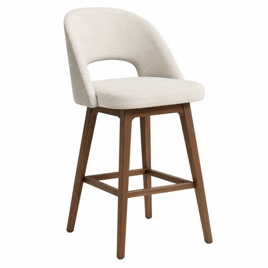Tabouret de bar avec dossier 54 x 50 x 95 cm polyester bouclé beige bois d’hévéa massif repose-pieds bois naturel