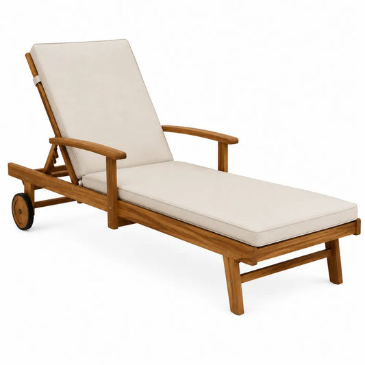 Chaise longue de jardin réglable avec roues en bois d acacia et coussins beige 200 cm x 70 cm x 90 cm