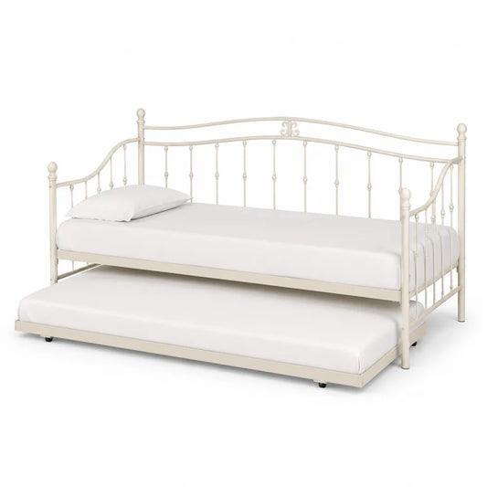Lit de jour gigogne 205 x 96 x 111 cm en métal ivoire avec lit inférieur coulissant et roulettes