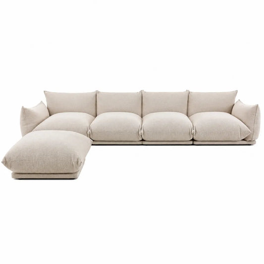 Canapé d’angle modulable 4 places 320 cm x 165 cm x 78 cm tissu bouclé beige avec méridienne gauche