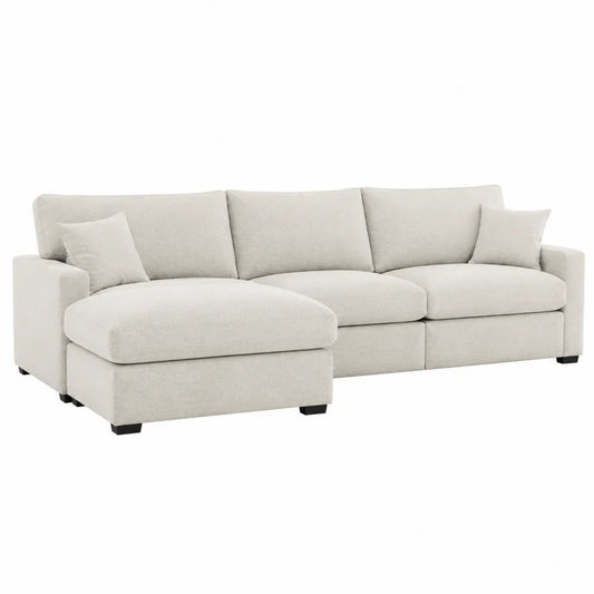 Canapé d’angle modulable 3 places avec méridienne droite en tissu beige et pieds en bois 240 x 160 x 85 cm