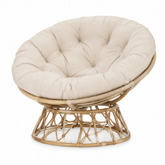 Fauteuil papasan de jardin 110 x 105 x 80 cm en rotin naturel rond avec coussin polyester crème base circulaire