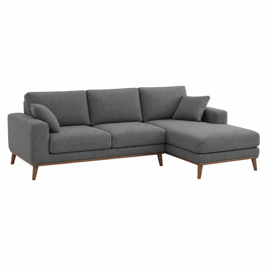 Canapé d’angle modulable 3 places avec méridienne droite 220 x 150 x 85 cm tissu polyester gris structure bois pieds en bois naturel