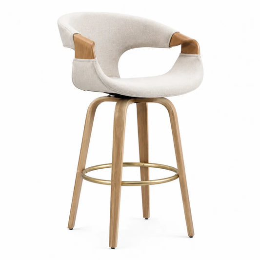 Tabouret de bar pivotant avec accoudoirs 57 x 56 x 96 cm bois d’hévéa massif tissu polyester bouclé beige repose-pieds acier finition laiton
