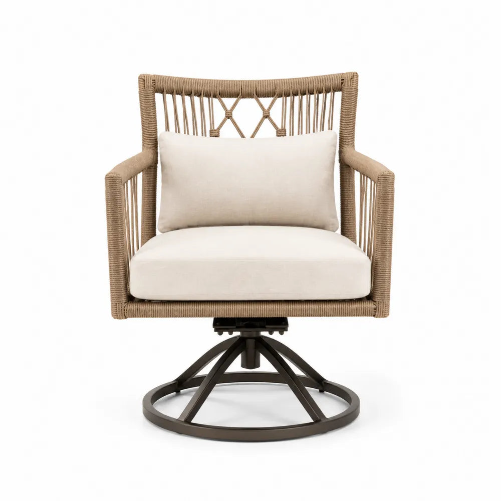 Fauteuil pivotant de jardin en corde polyester et acier base circulaire beige 76 x 78 x 88 cm