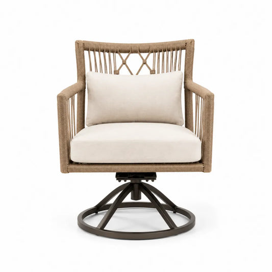 Fauteuil pivotant de jardin en corde polyester et acier base circulaire beige 76 x 78 x 88 cm