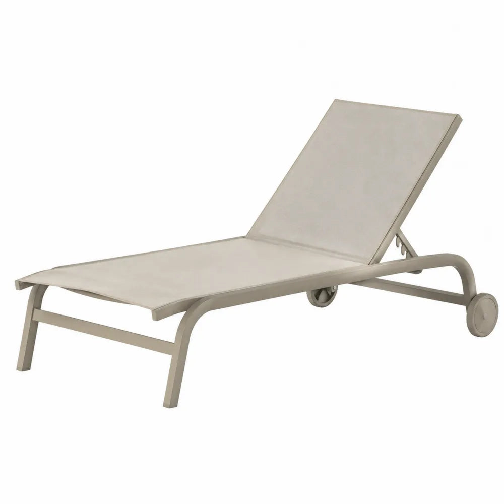 Bain de soleil réglable avec roues aluminium thermolaqué textilène taupe beige 195 x 65 x 86 cm